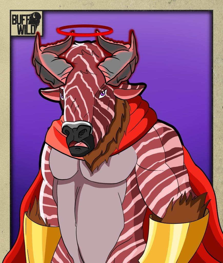 Superhero Red Zebra Pattern Striped Buffalo with Devil Horns and Devil Halo